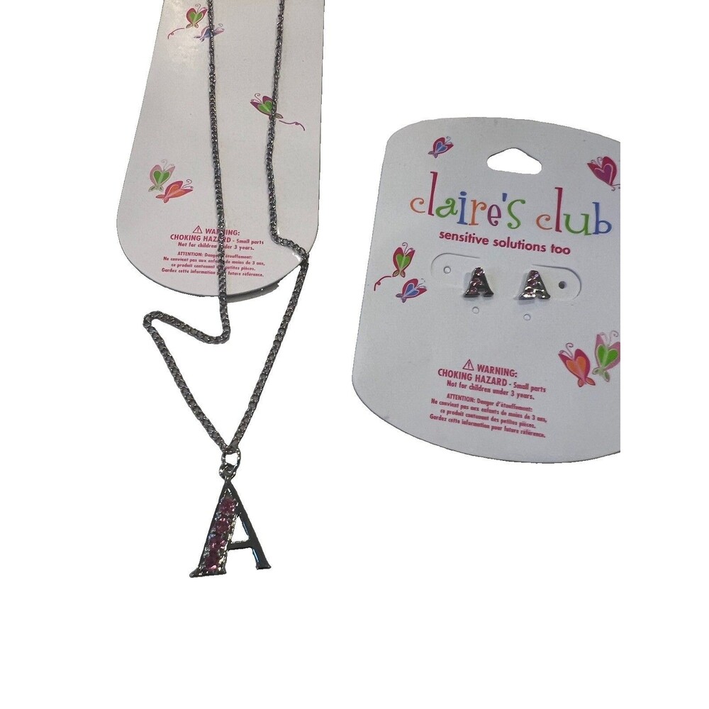Claire's Club Letter A Pendant Necklace 15in Chain and A Earings Pink Silver